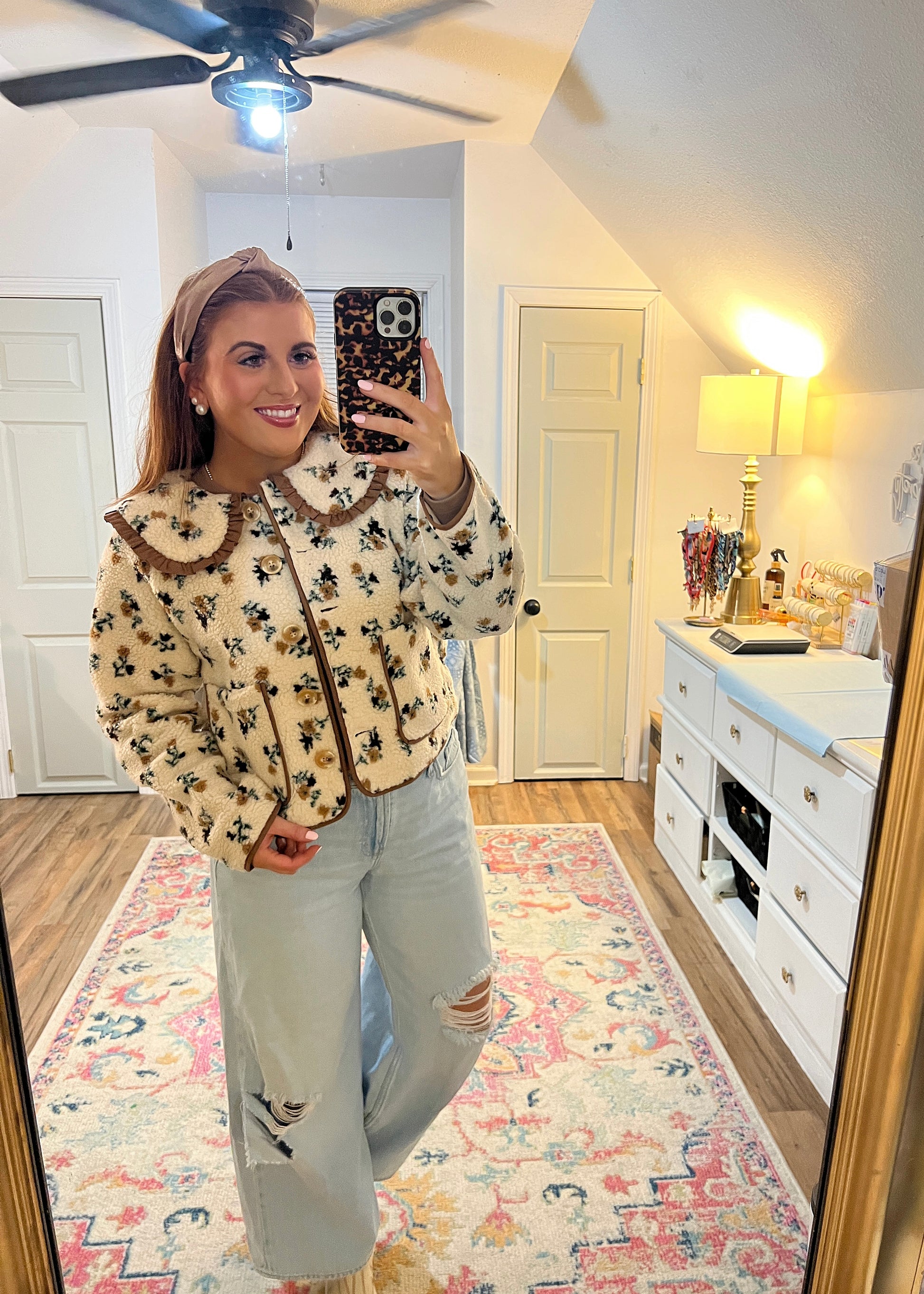 Floral Ruffle Collar Sherpa Jacket