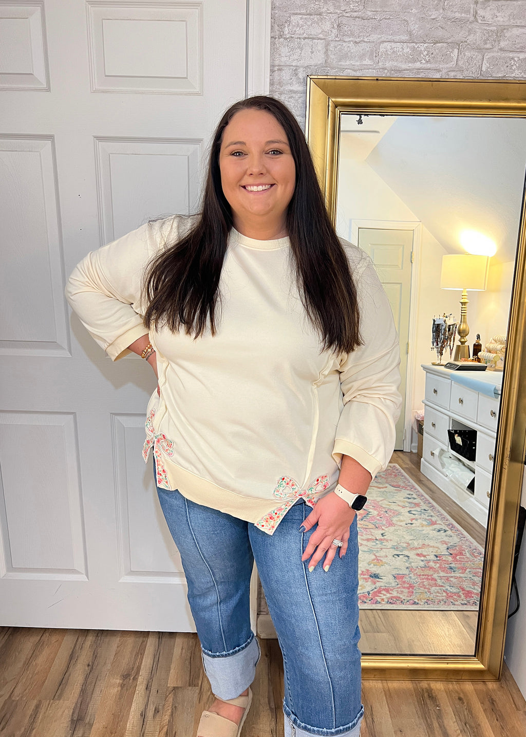 Beige Bow Pullover Plus