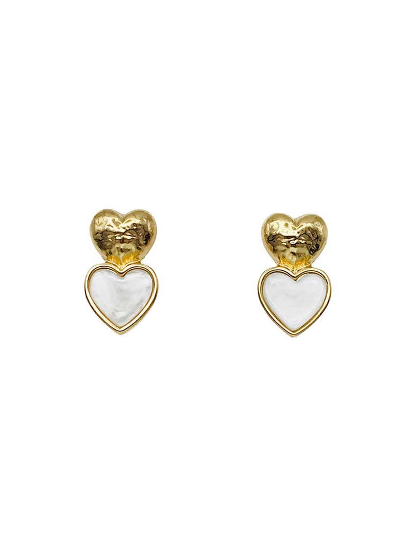 Gold White Heart Earrings