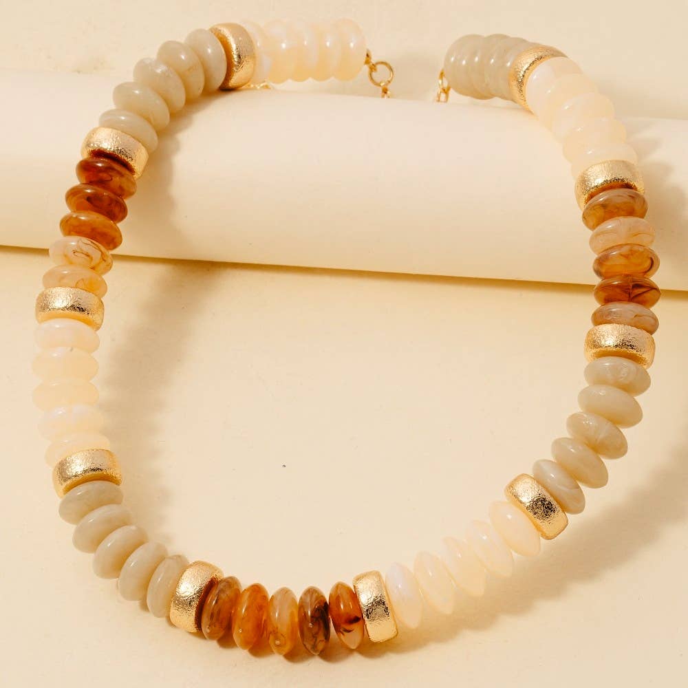 Wide Marble Resin And Metallic Disc Beaded Necklace