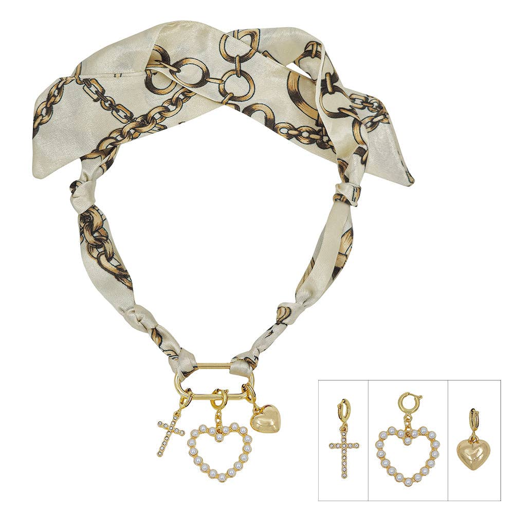 White Multi Charm Scarf Necklace