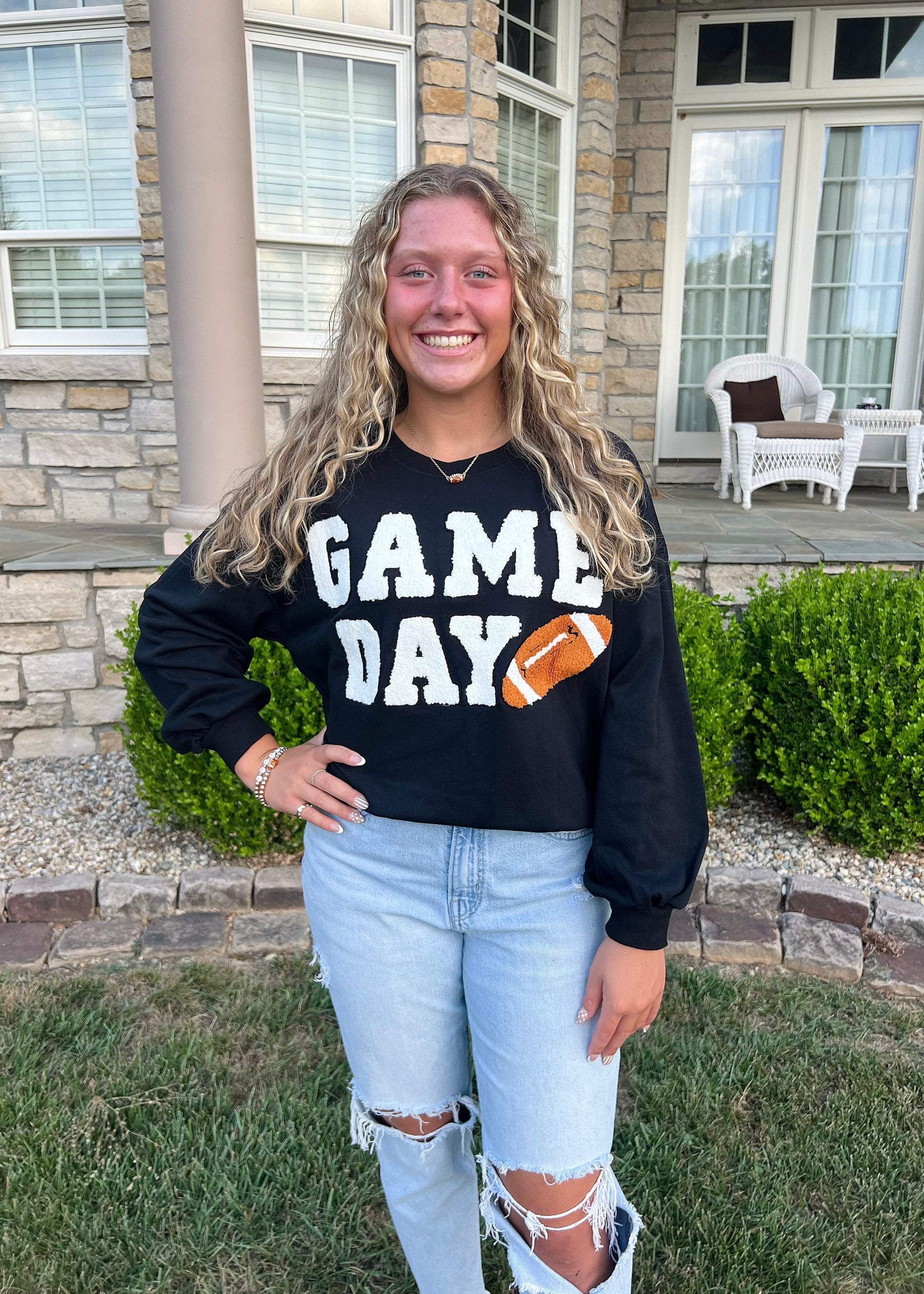 black game day crewneck sweatshirt women football graphic, varsity letters