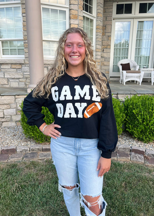 black game day crewneck sweatshirt women football graphic, varsity letters