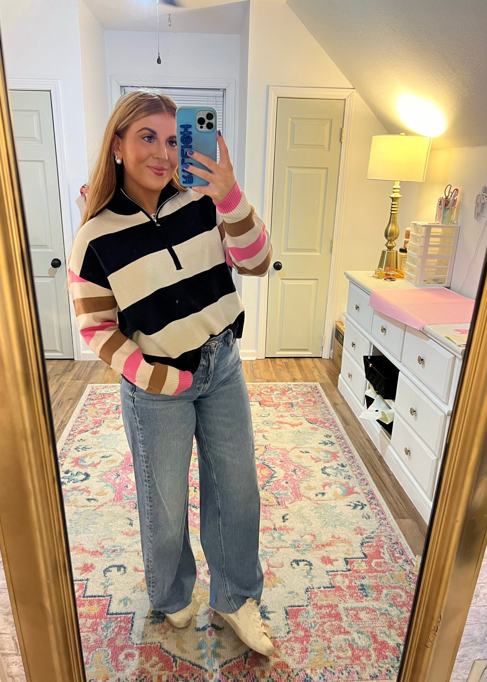 colorful colorblock quarter-zip sweater top