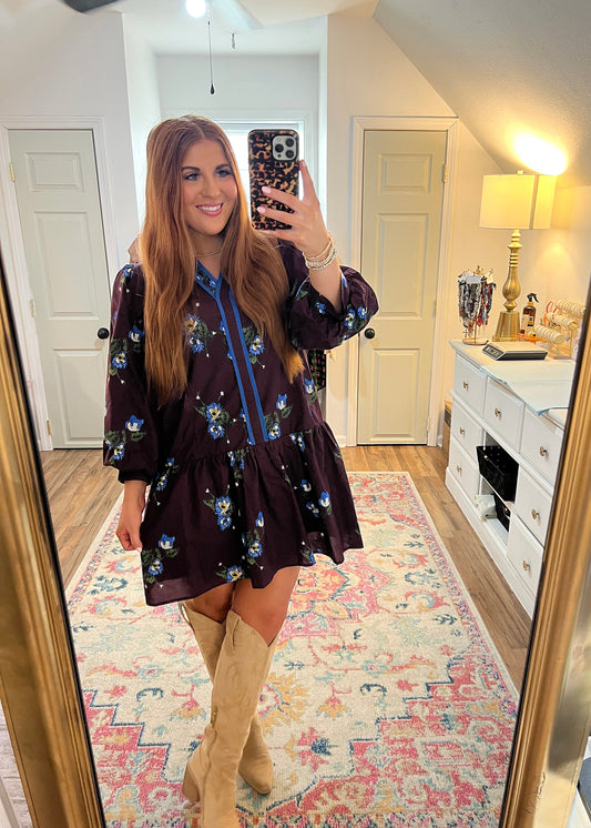 Eggplant colored dress with a floral print, flowy dress 