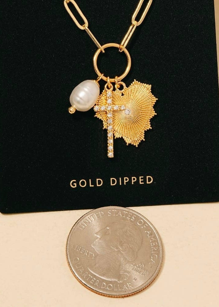 Cross, Pearl, and Heart Charm Necklace