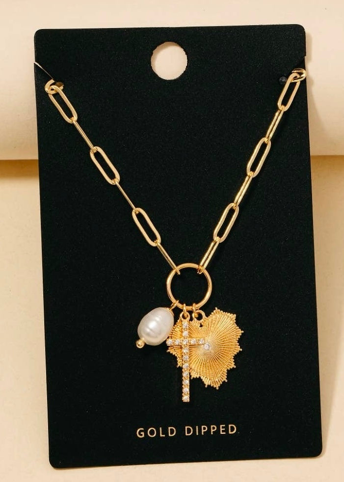Cross, Pearl, and Heart Charm Necklace
