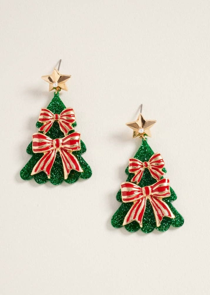 Christmas tree-shaped earrings with red bows and gold stars