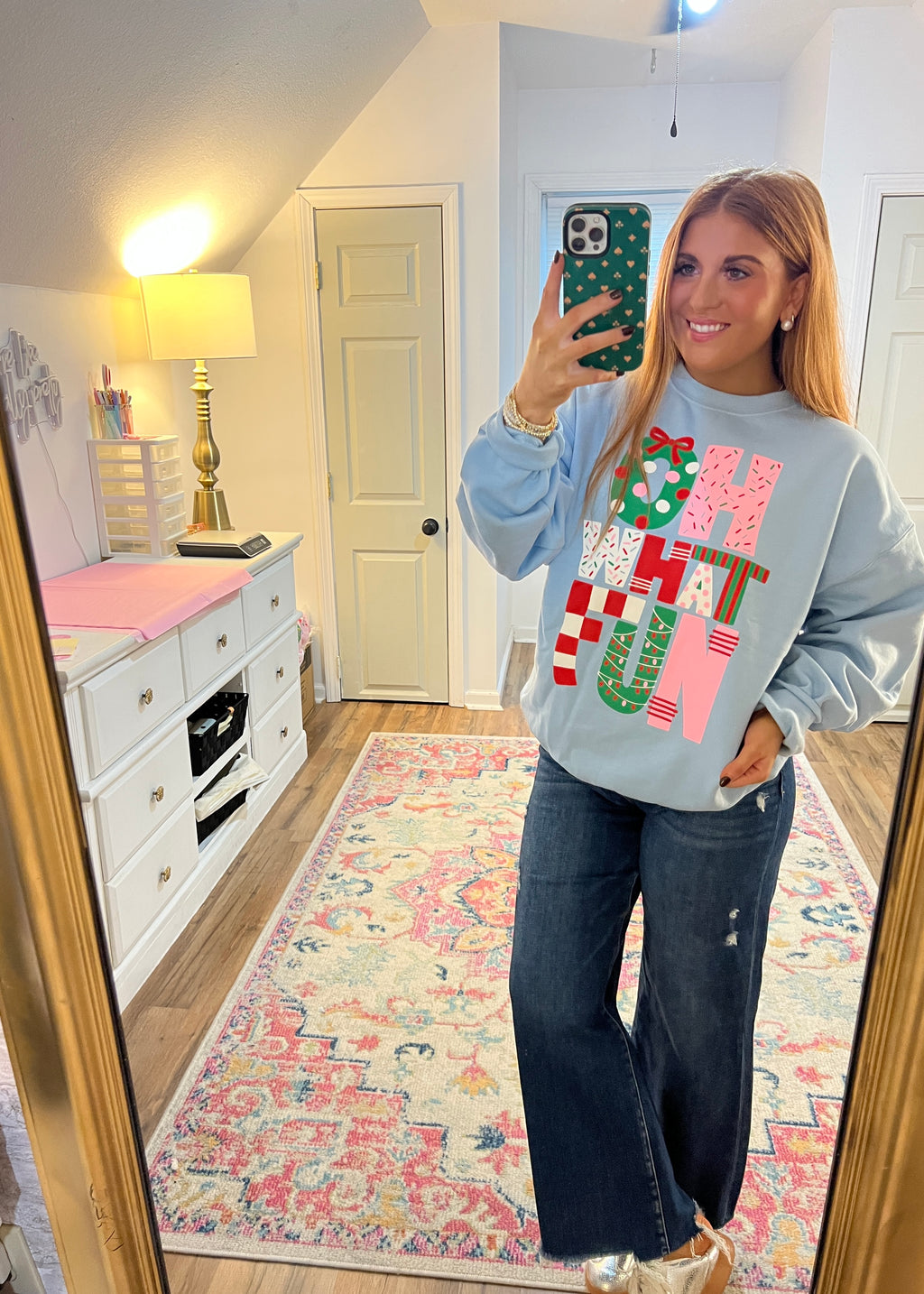 holiday graphic sweatshirt light blue festive, oh what fun, colorful