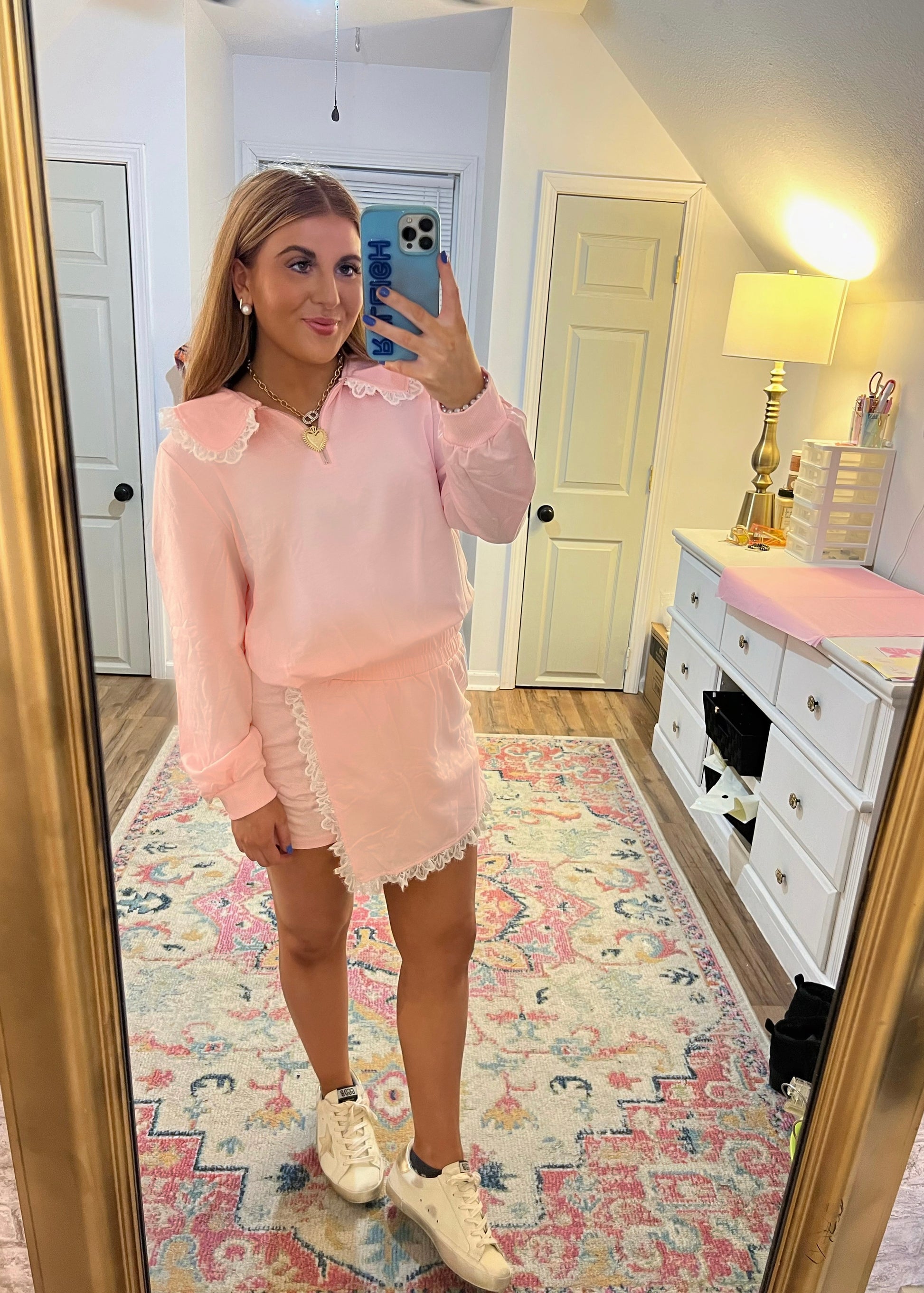 Pink lace two-piece set for women, skort set, peter pan collar