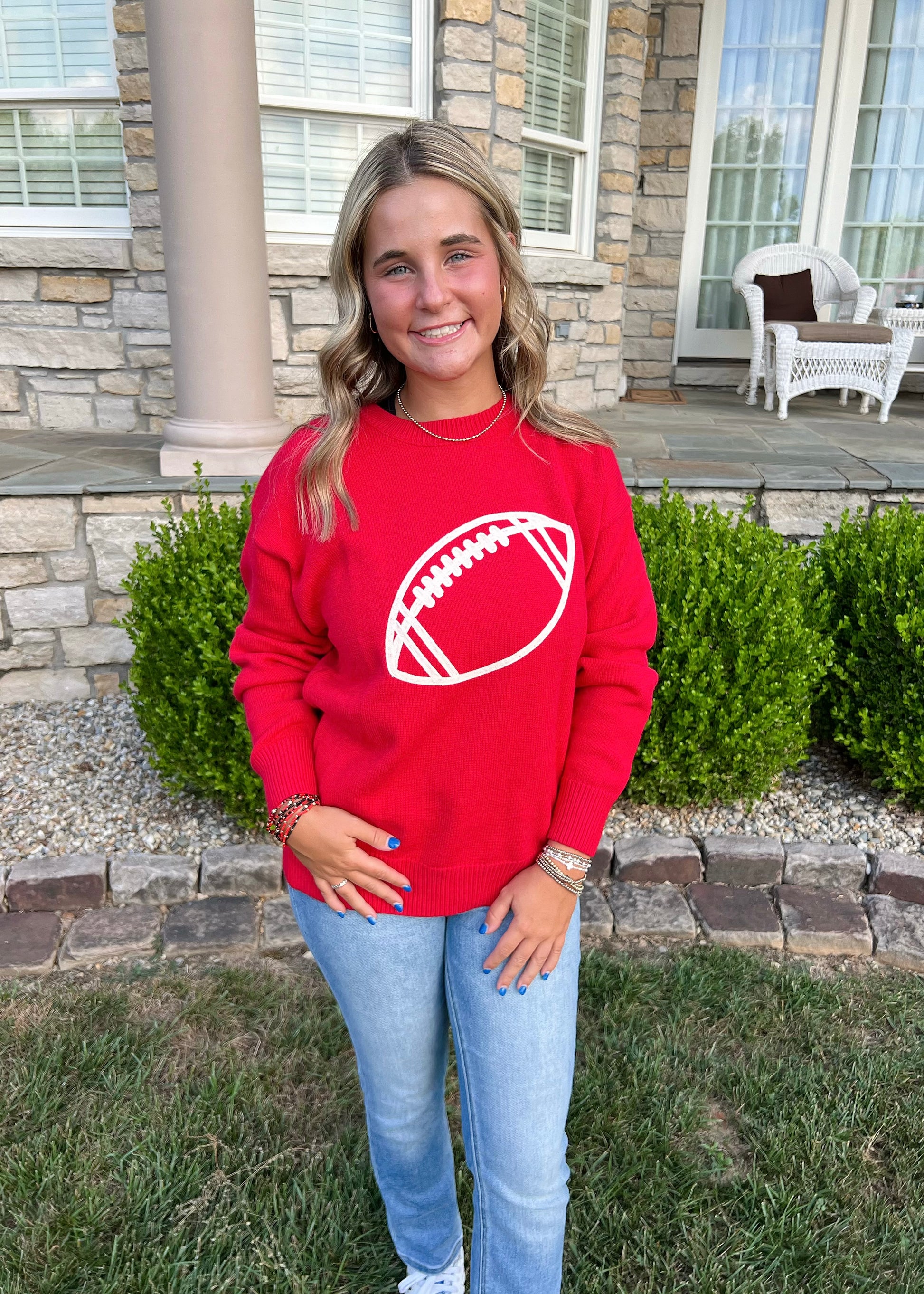red football embroidered sweater game day top