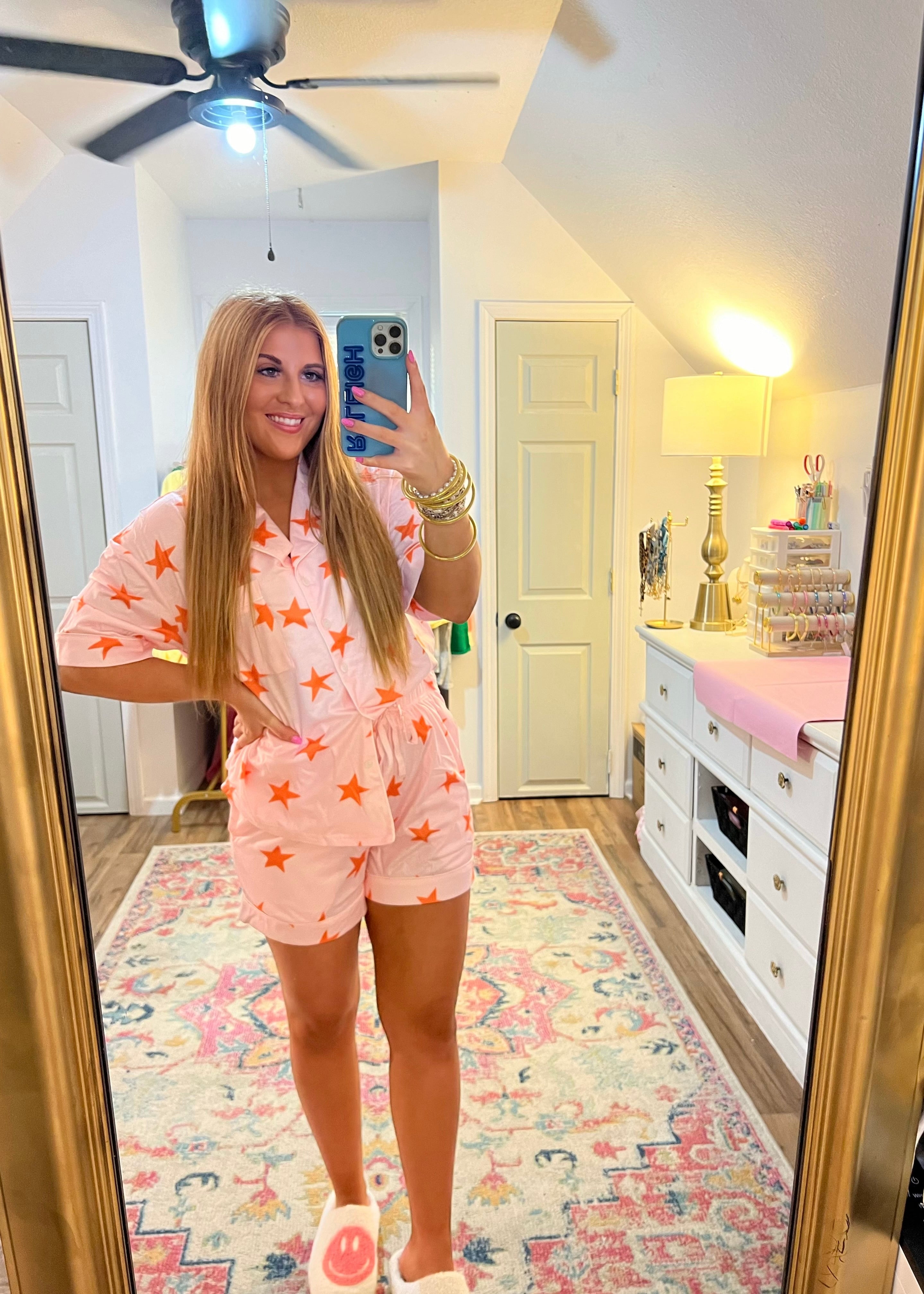 women’s star print pajamas set, pink pjs with orange stars, shorts pj set