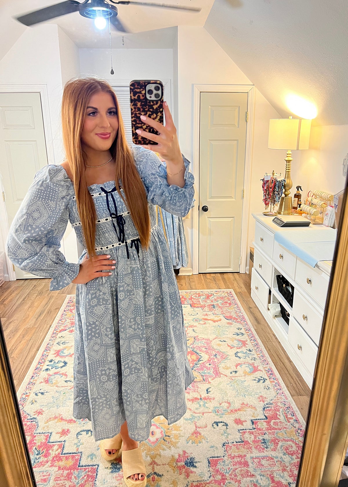 Smocked lace detail midi dress for women, front view