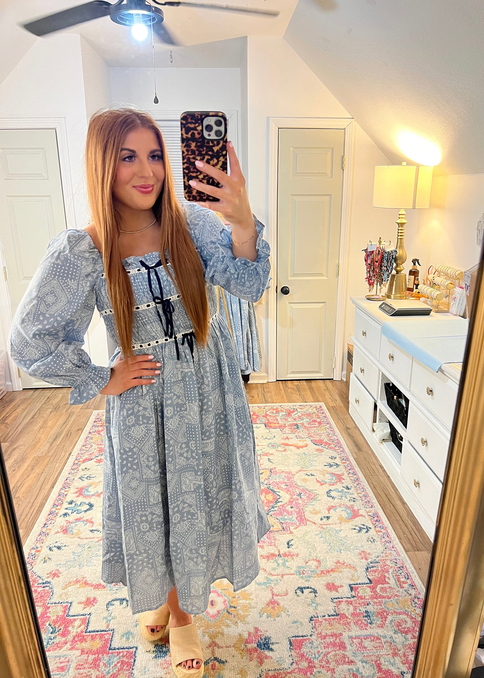 Smocked lace detail midi dress for women, front view