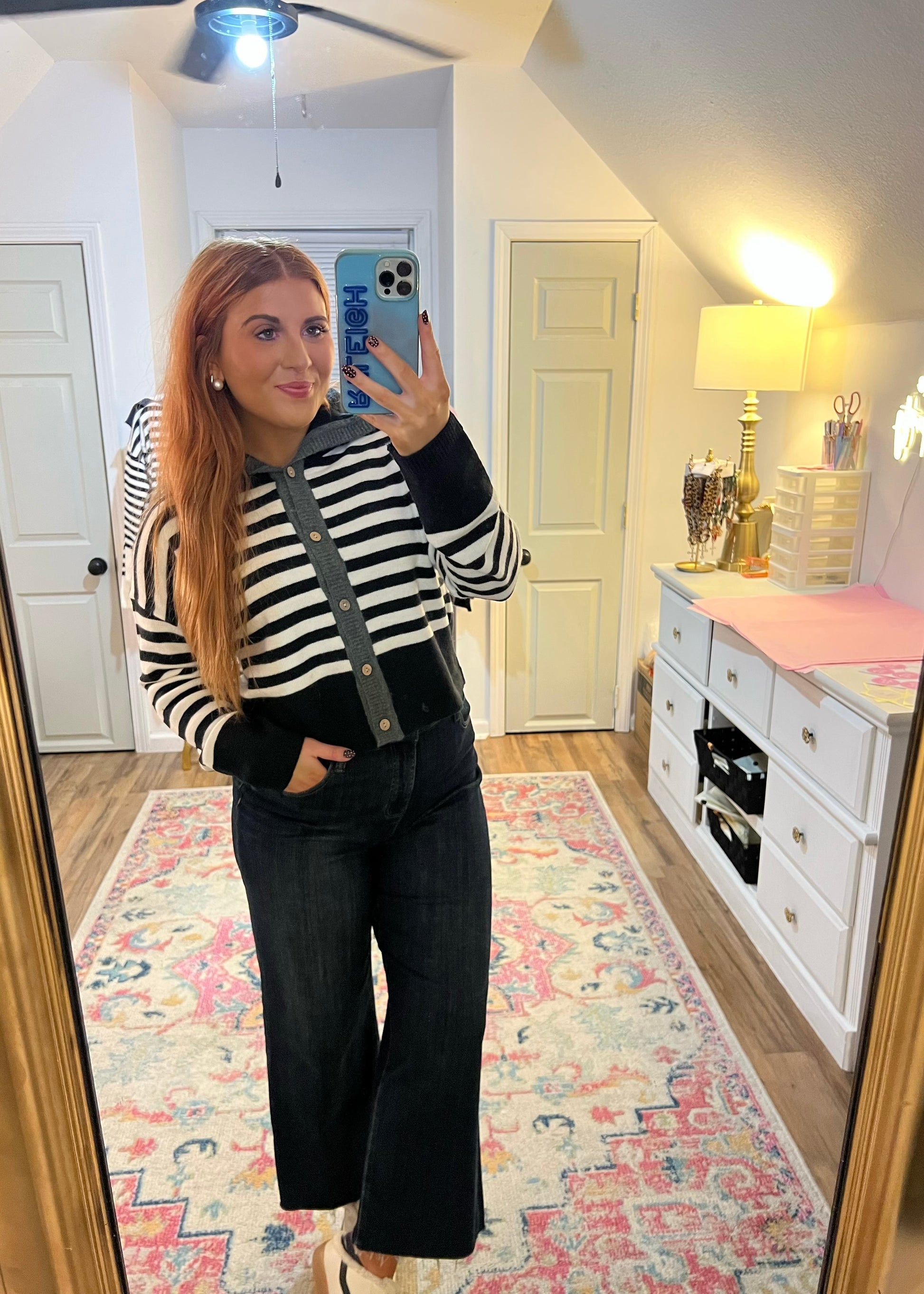 Striped button-up sweater with a sailor collar