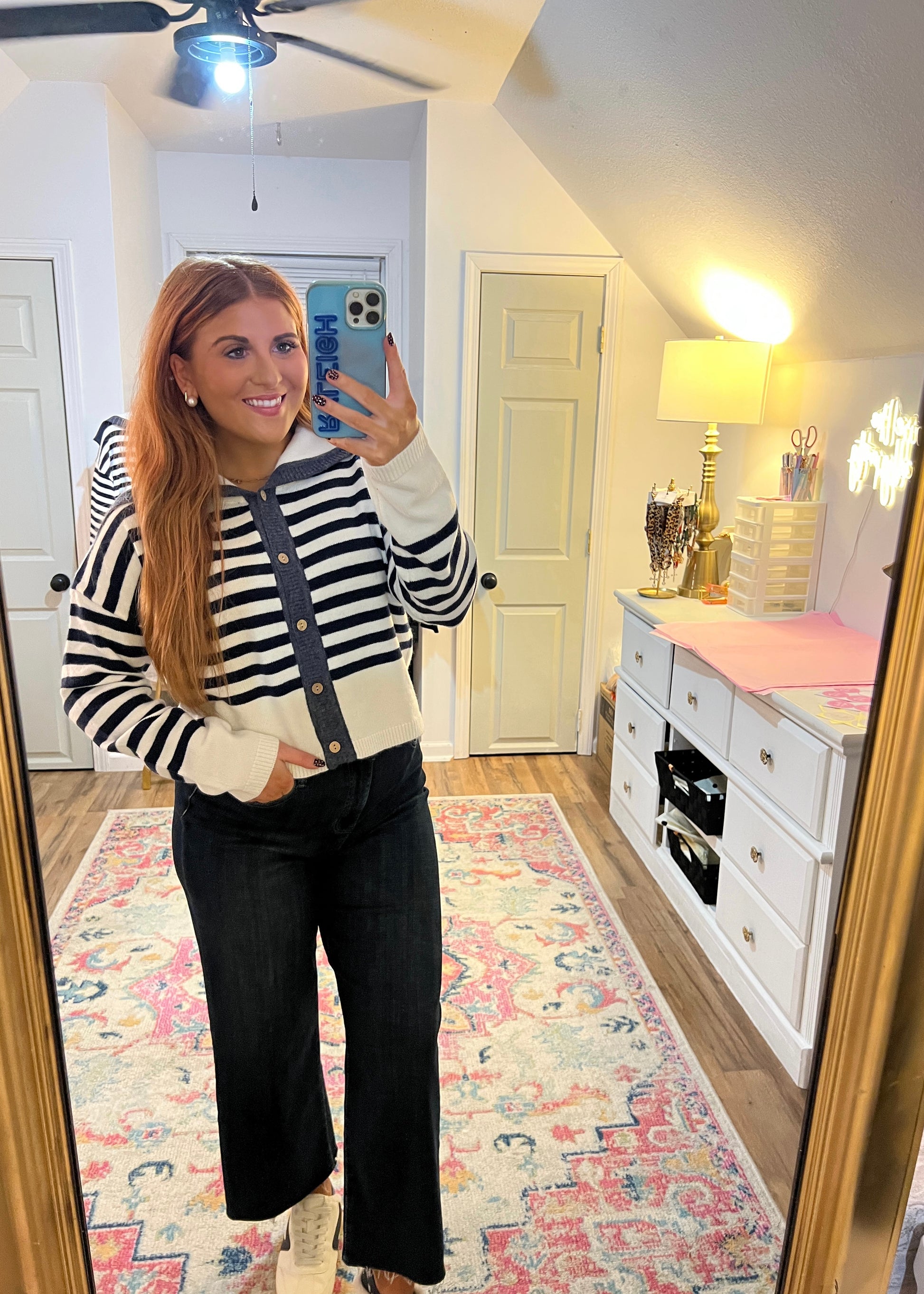 Women’s striped button-up knit sweater featuring a sailor collar
