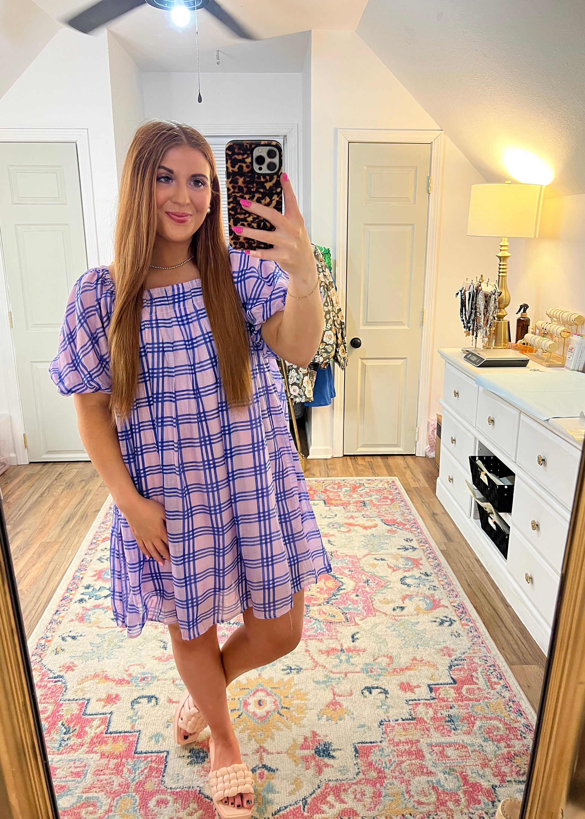 pink and blue check print dress with a puff sleeve 