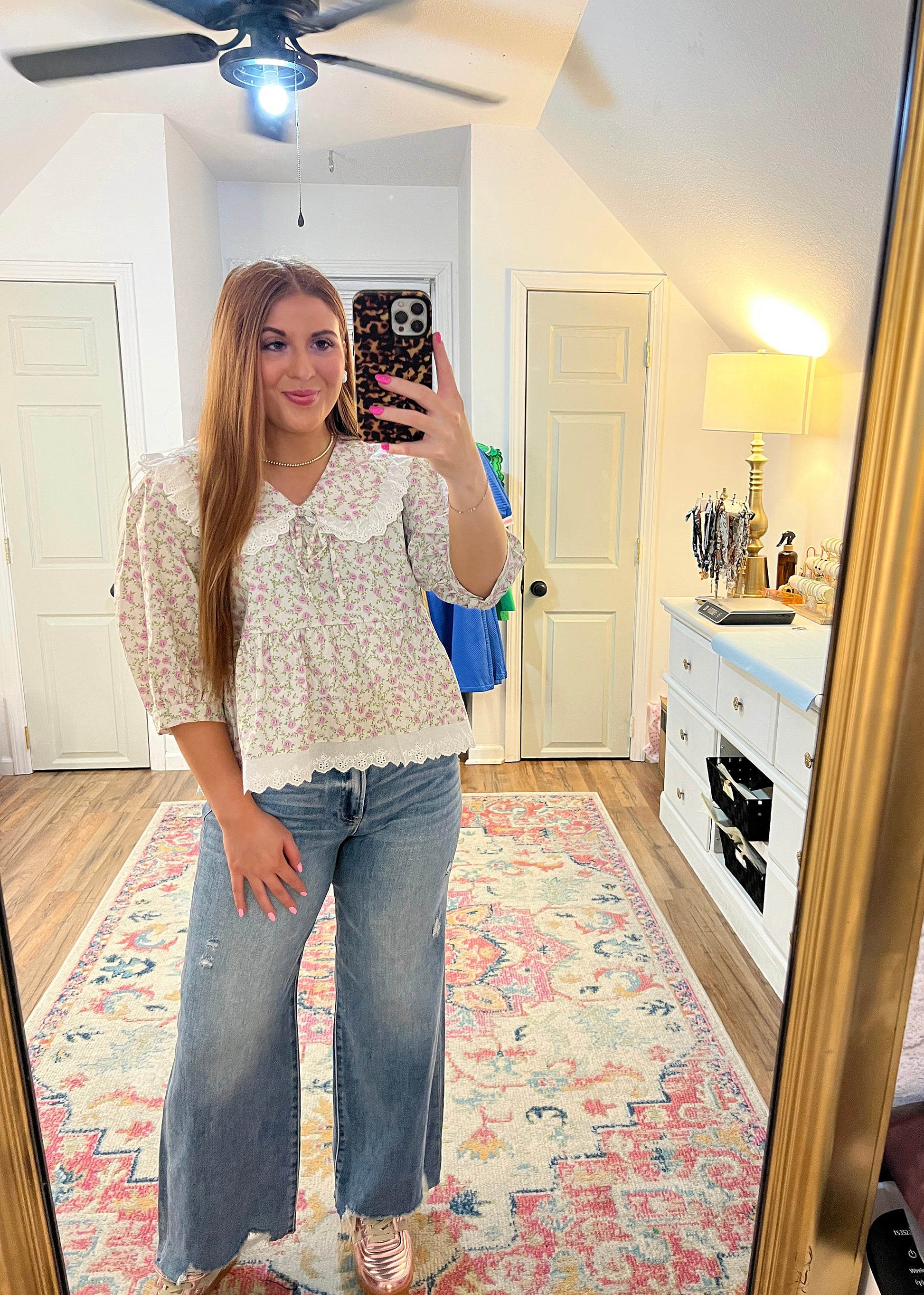 purple and green floral top with a sailor collar and lace details 