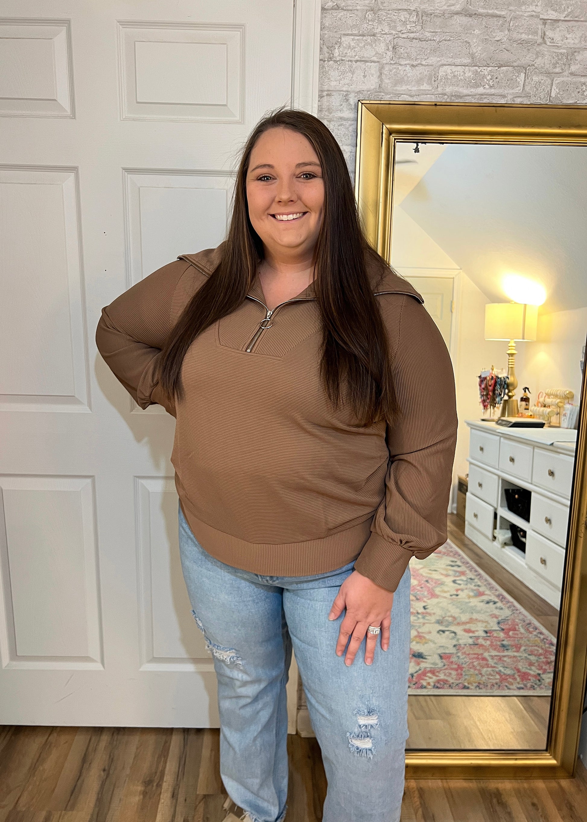 Plus size brown ribbed quarter zip 