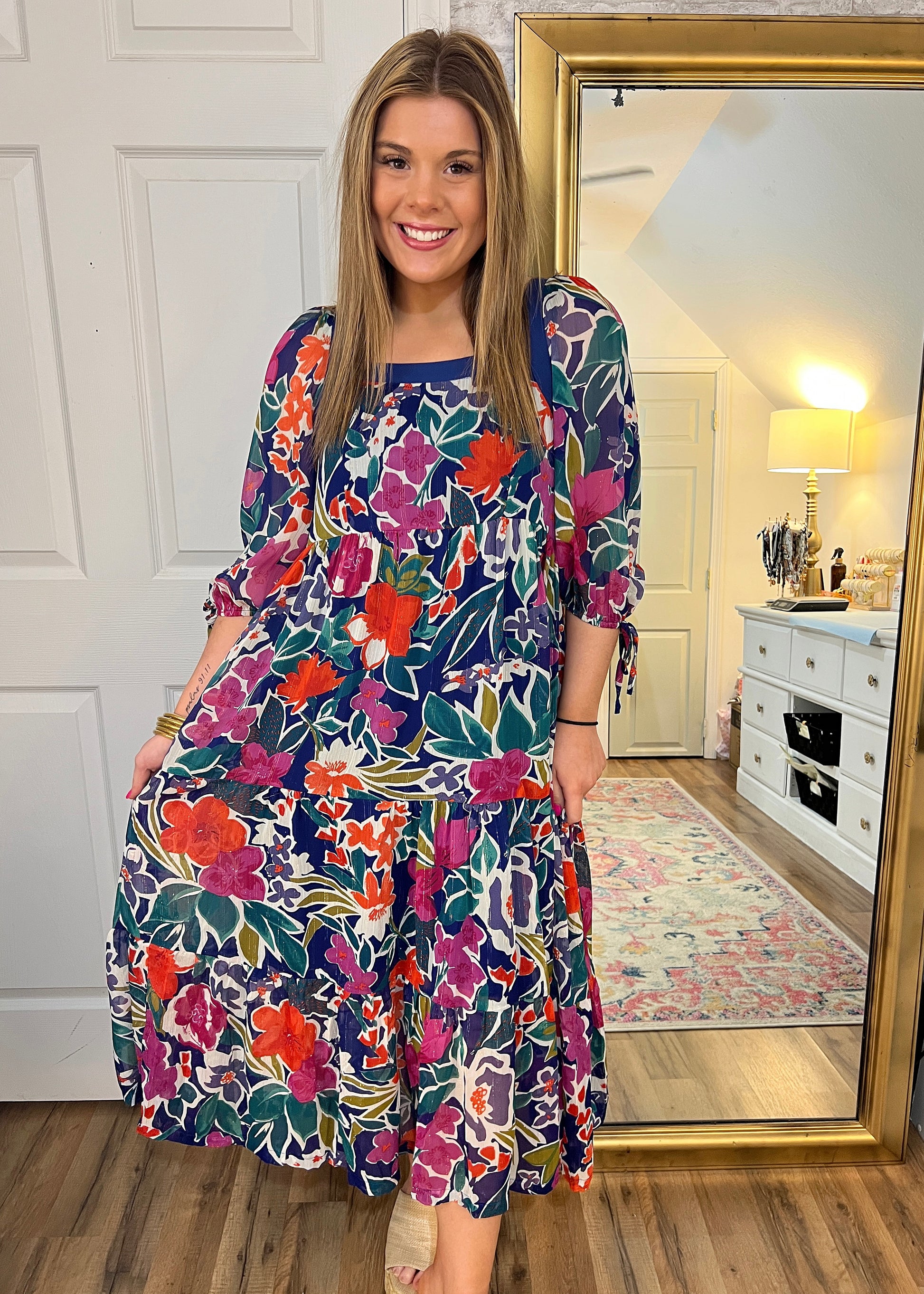 colorful floral printed dress with a flattering square neckline, maxi dress