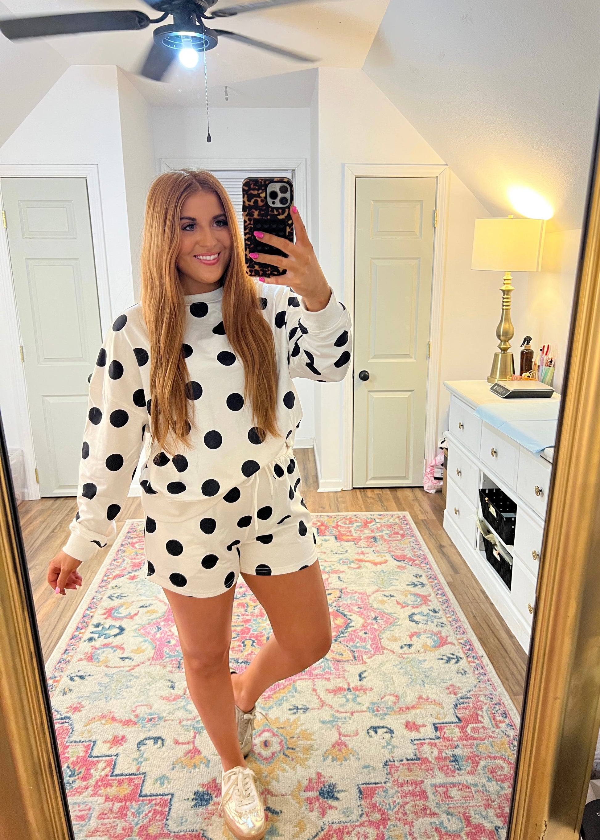 white and black polka dot two piece set