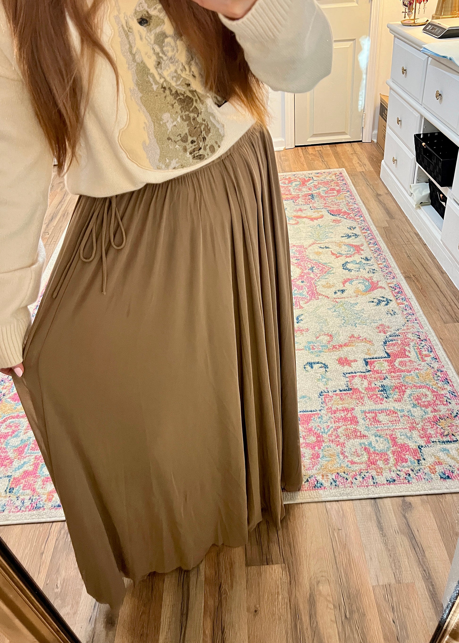 Wheat flowy maxi skirt for women, up close view