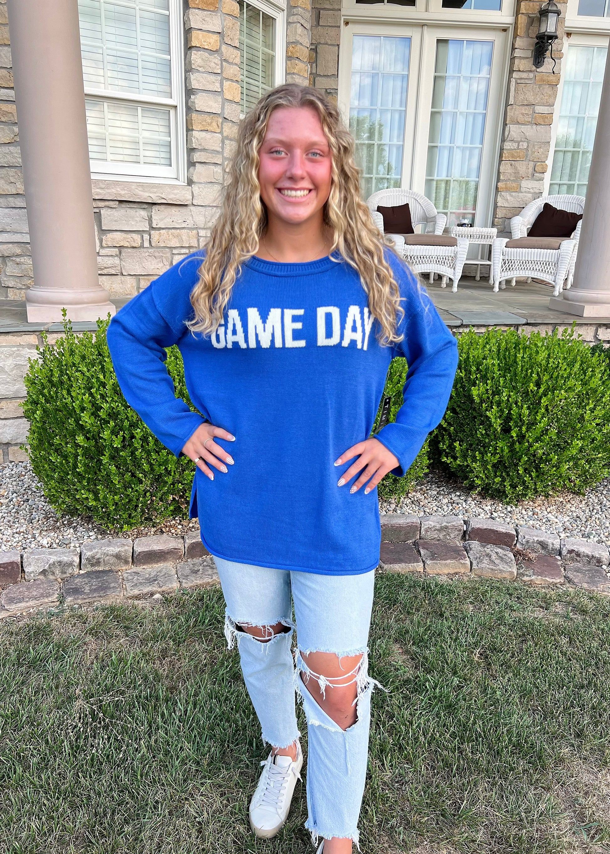 blue game day sweater top for women