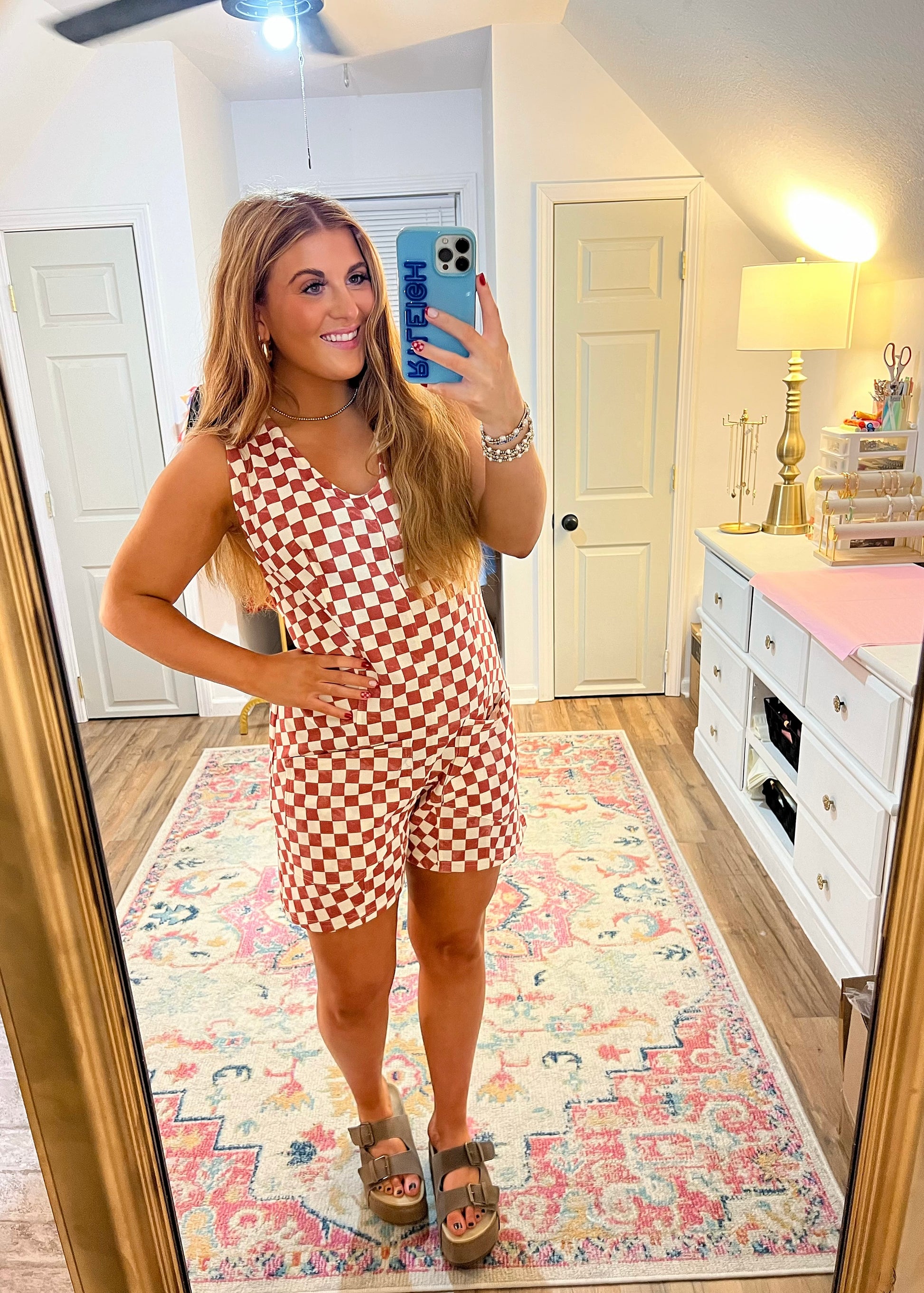 red and white check print romper women's boutique