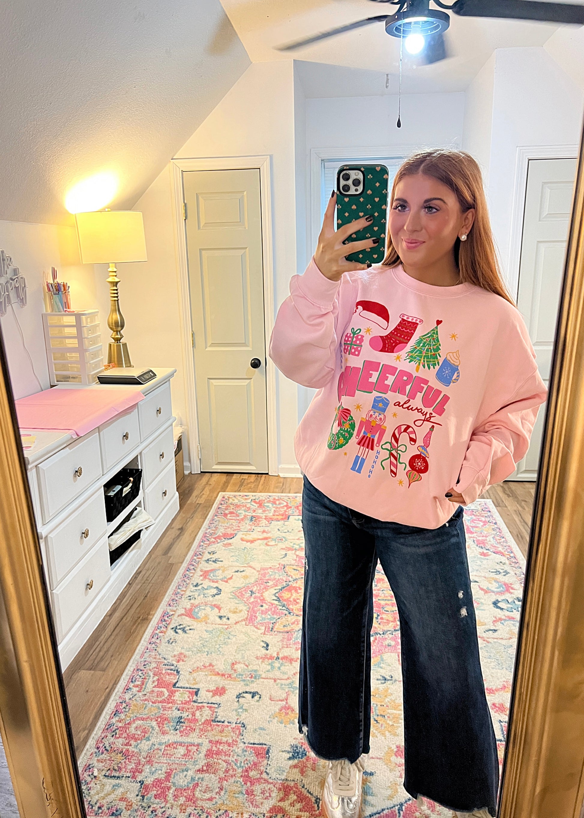 Cozy graphic sweatshirt with cheerful lettering, cheerful always