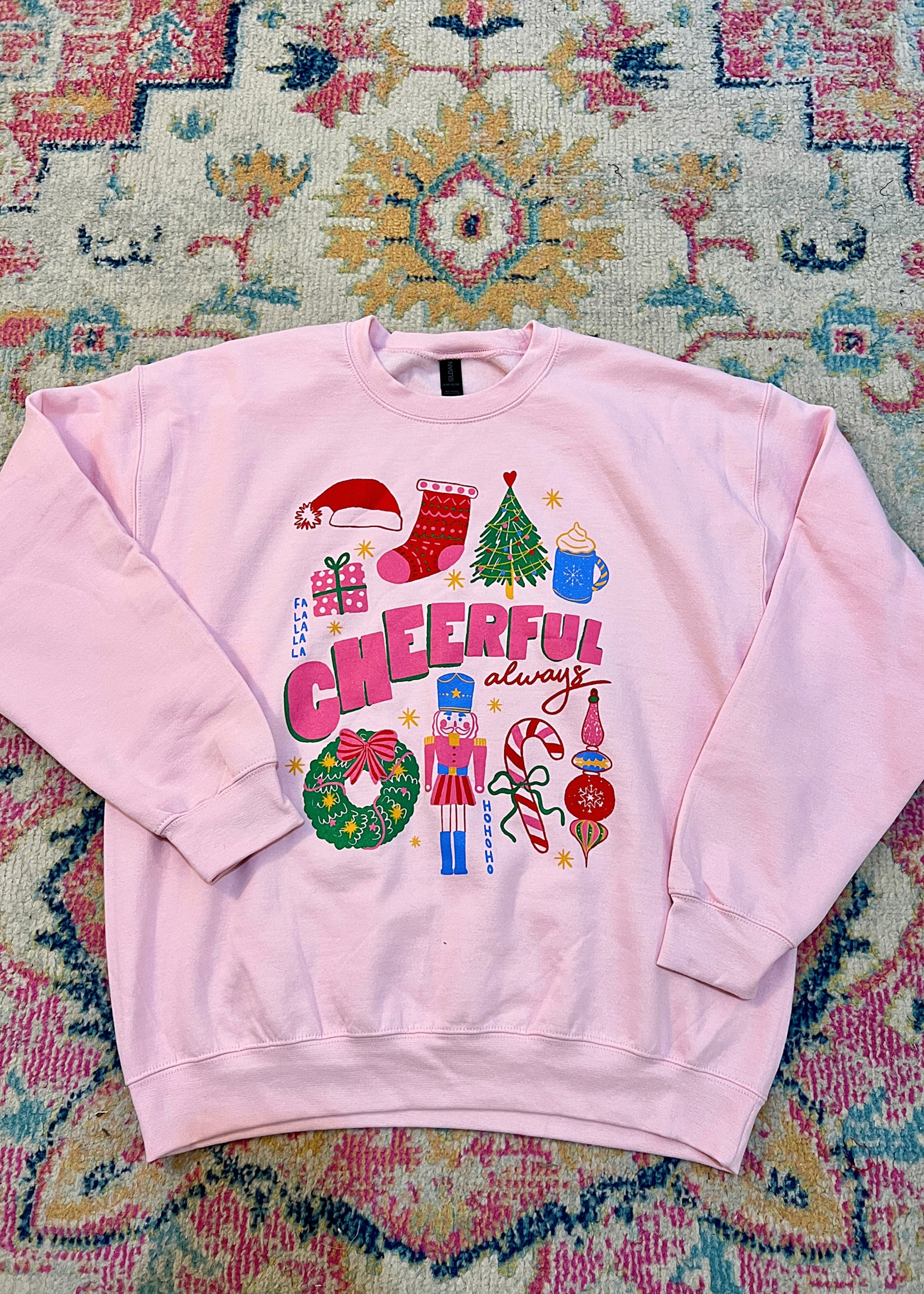Women’s graphic pullover reading “Cheerful Always” in pink 