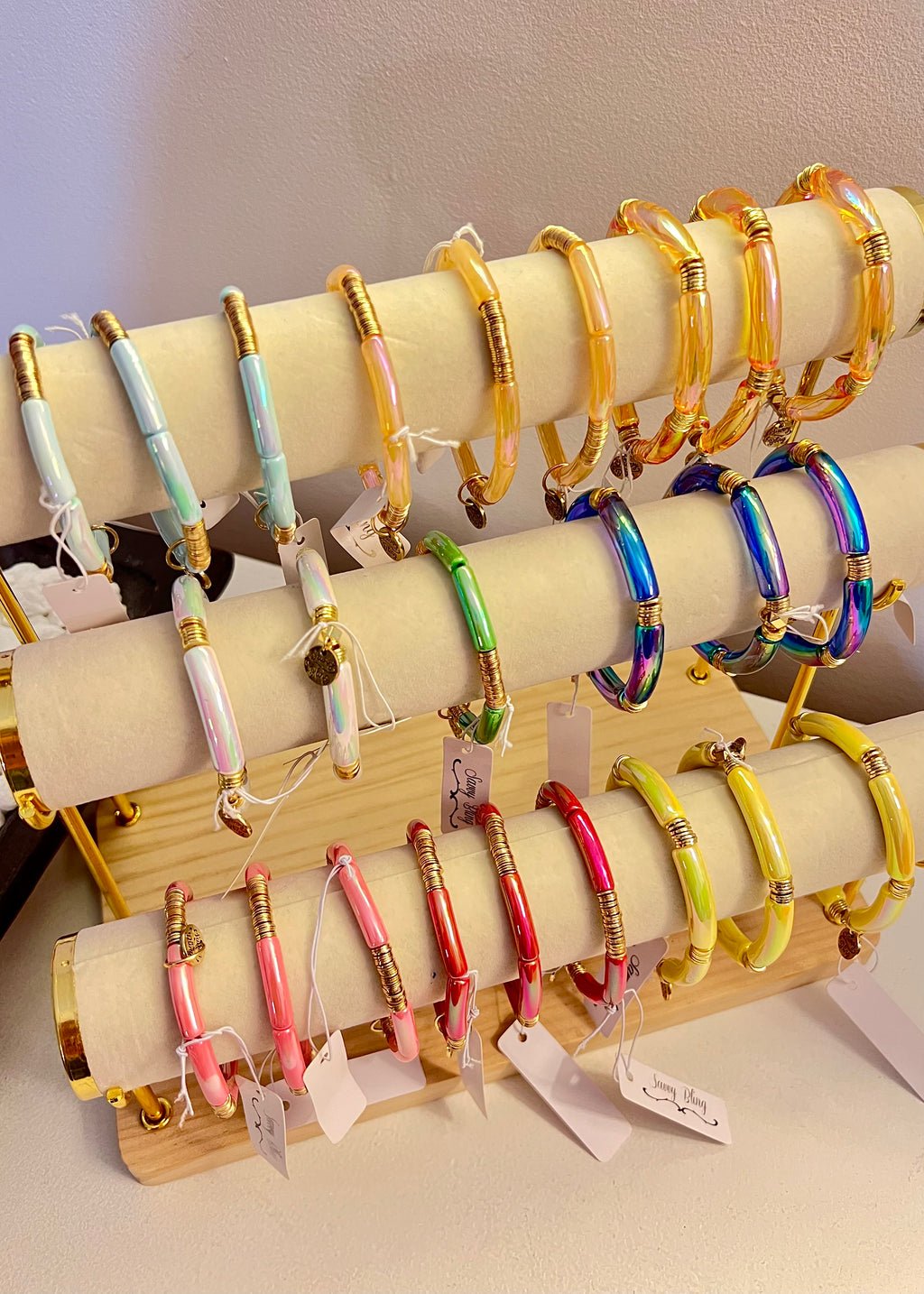 Display of colorful metallic bracelets made of bamboo