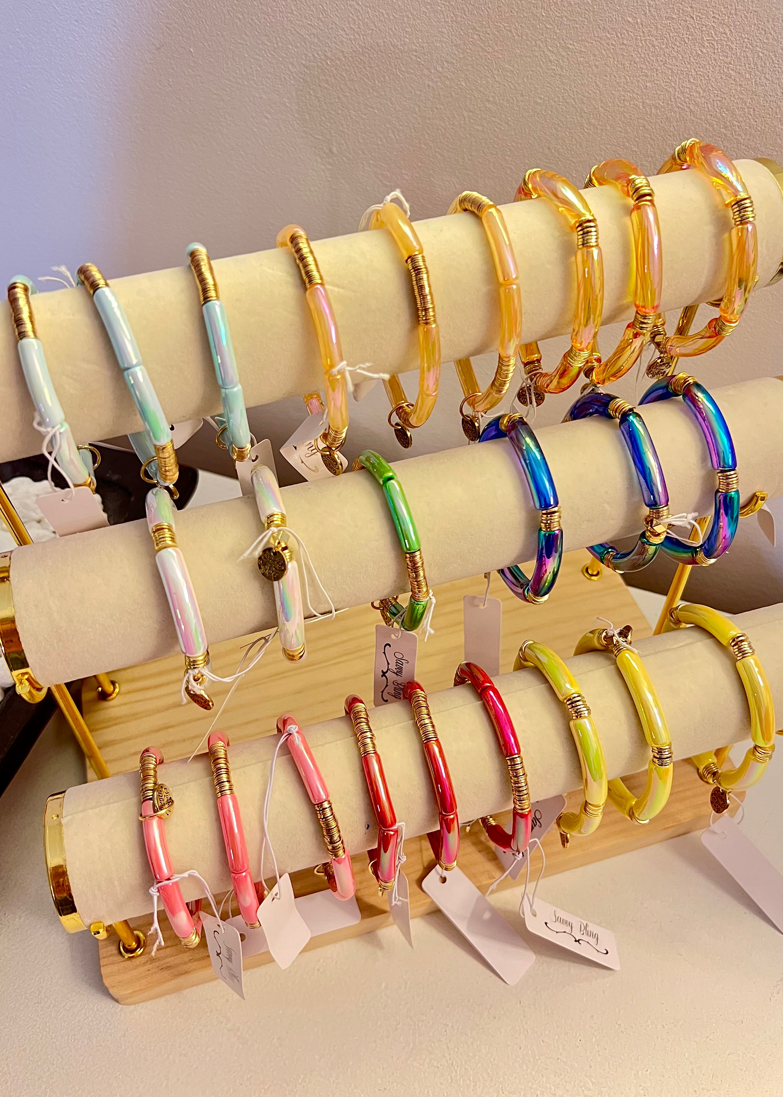 Display of colorful metallic bracelets made of bamboo
