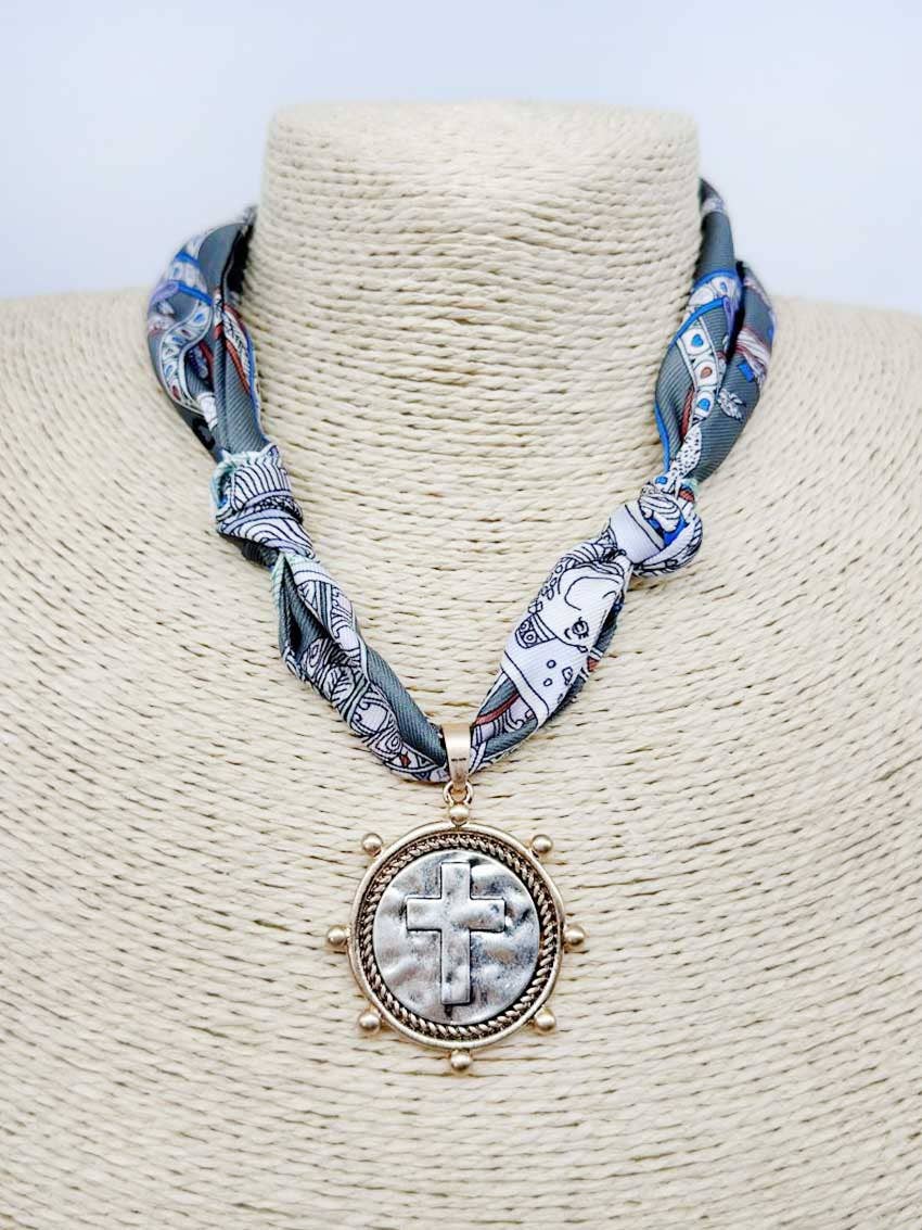 Grey & Navy Coin Scarf Neckalce