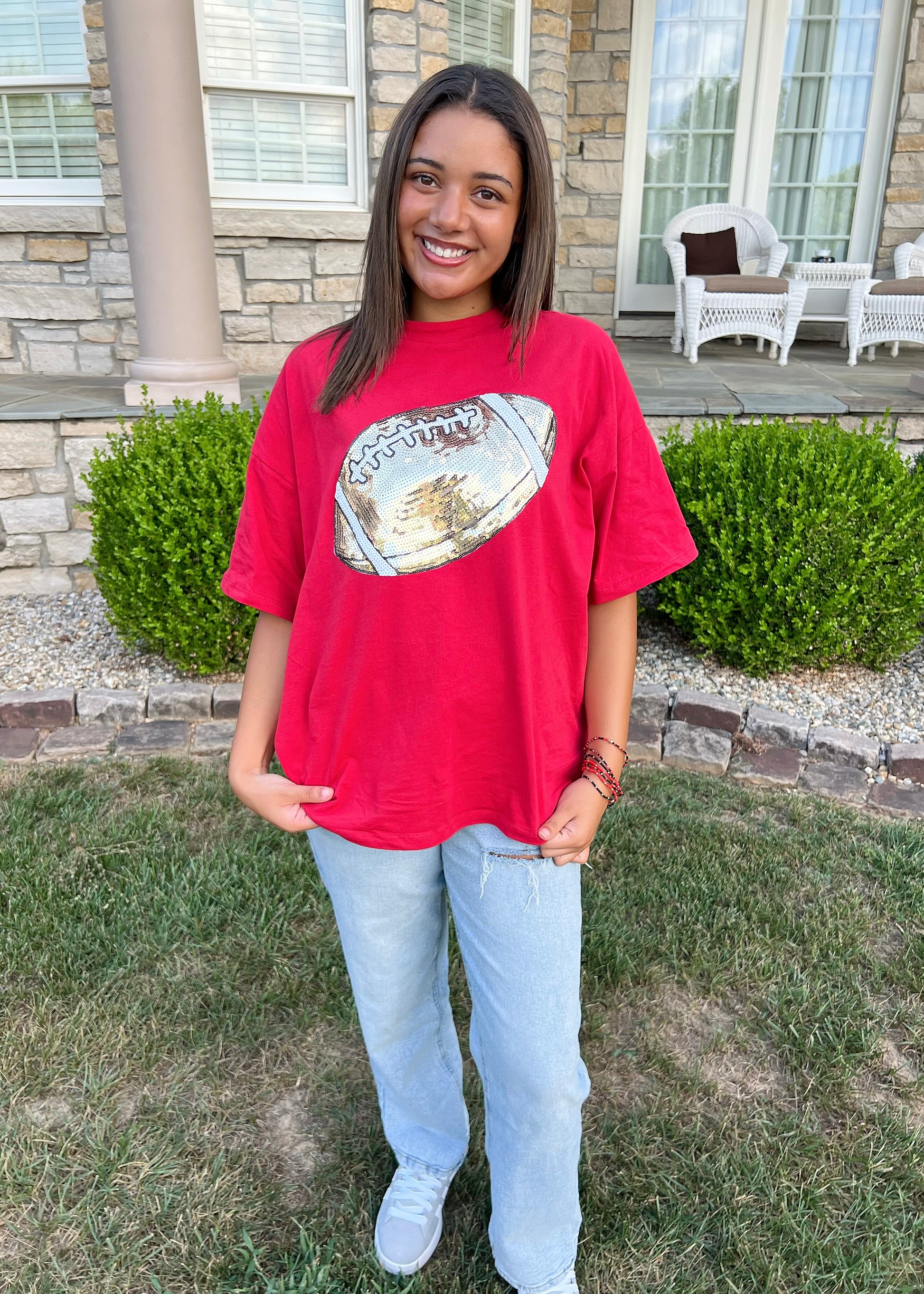 sequin football tee game day graphic top, red t-shirt