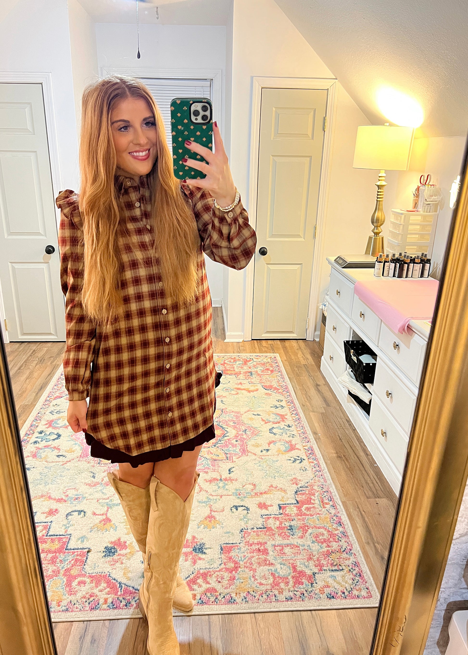 brown and tan plaid dress with ruffle shoulder detail 