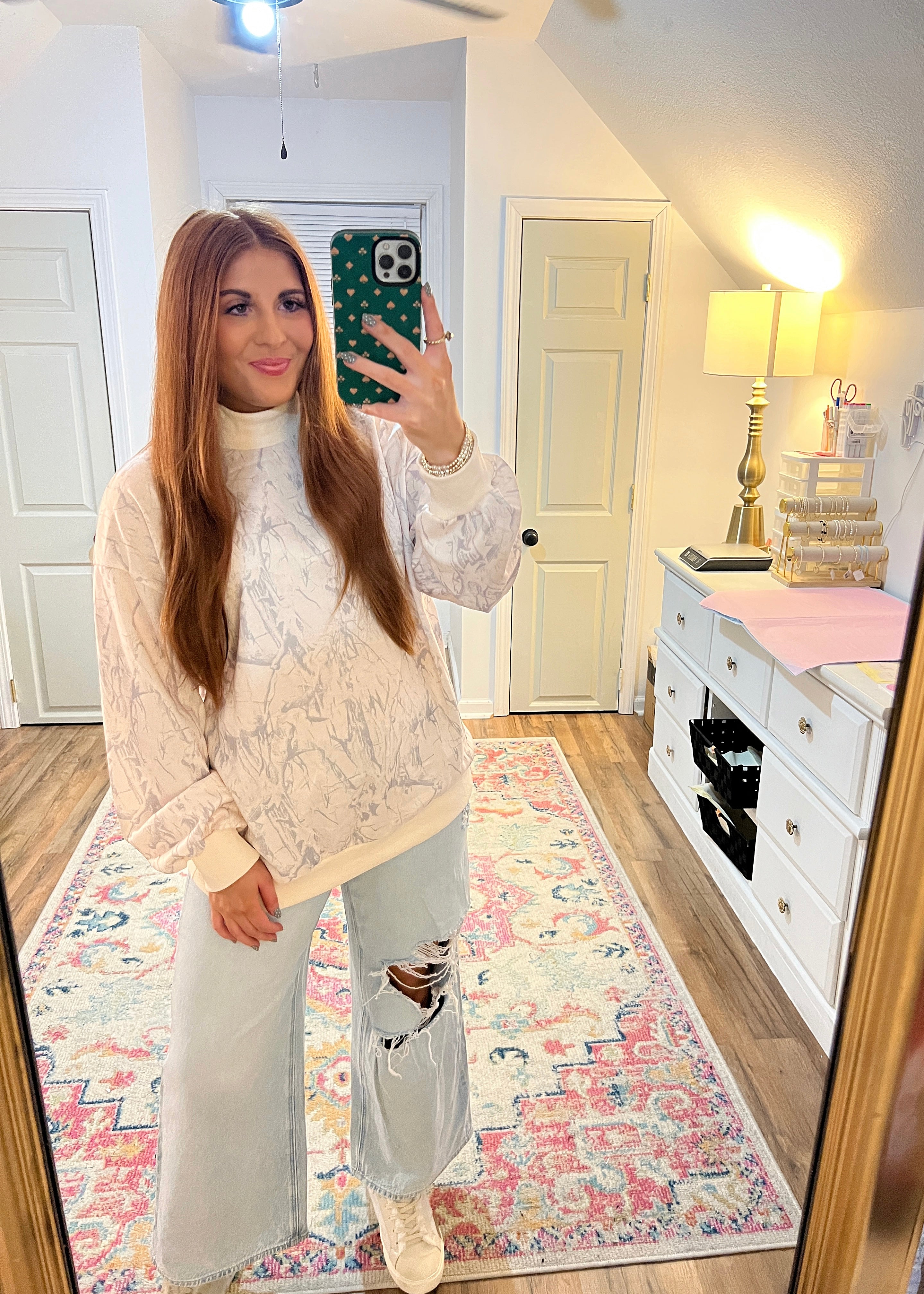 light wash camo crew with a trendy mock neck 