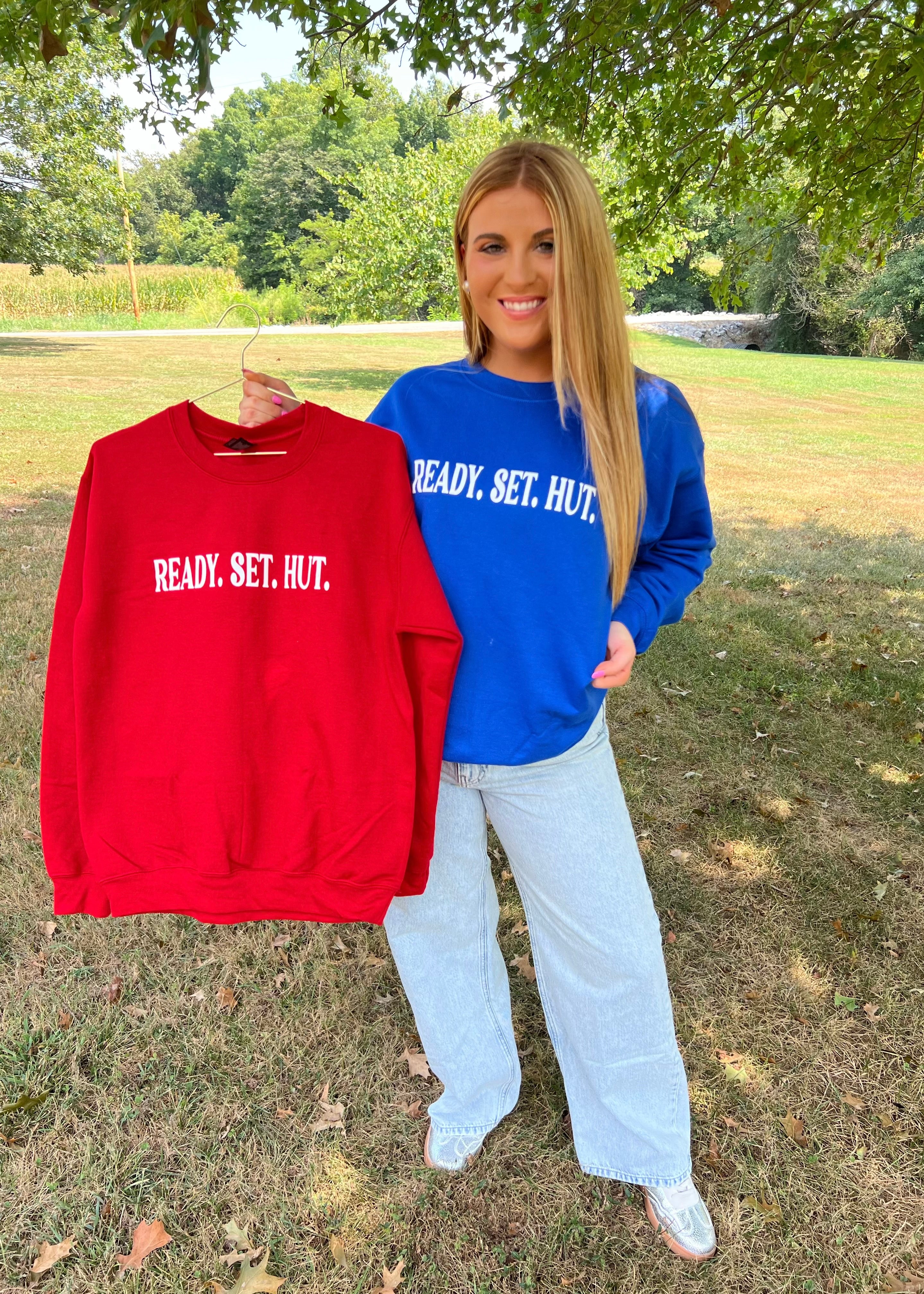 ready set hut football sweatshirt, red or blue, ready set hut, crewneck 