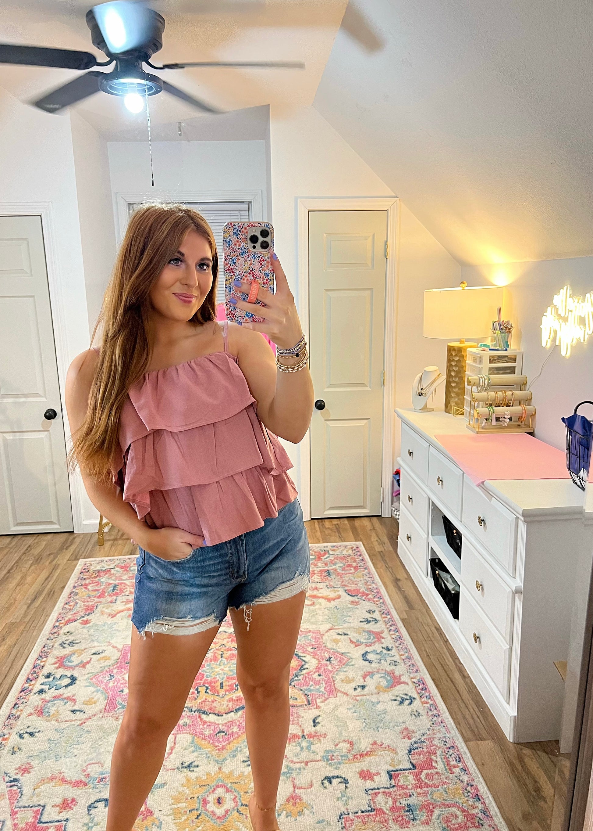 rose pink ruffled spaghetti strap tank top