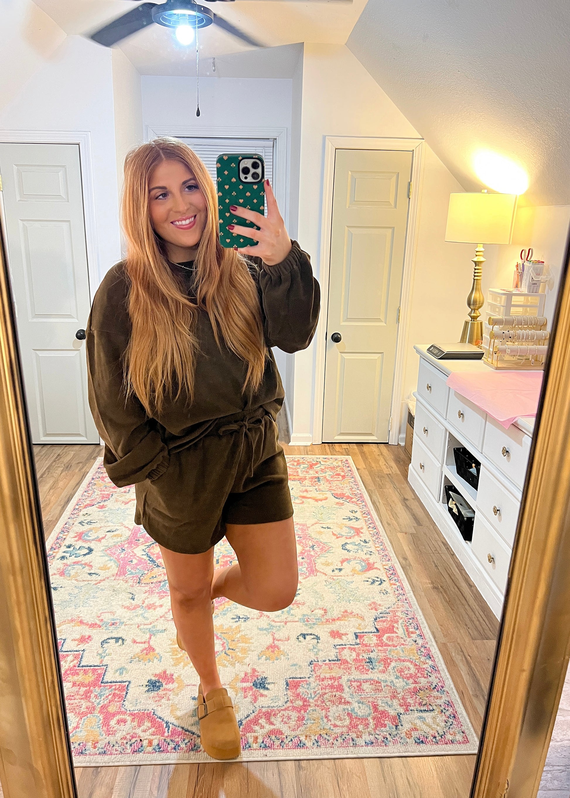 Two-piece velvet-like shorts set in a cozy hot cocoa brown color