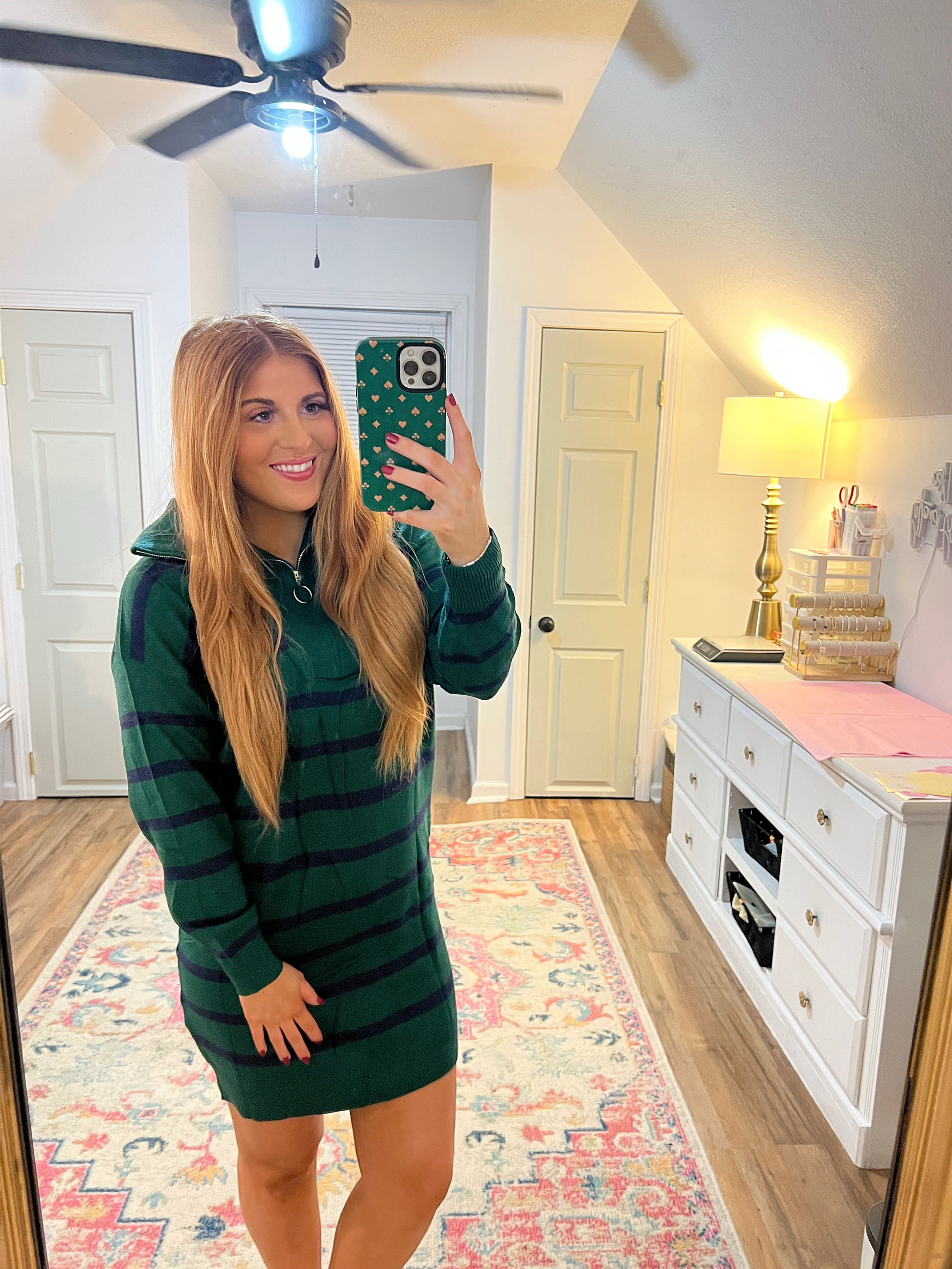 green and navy quarter zip sweater dress