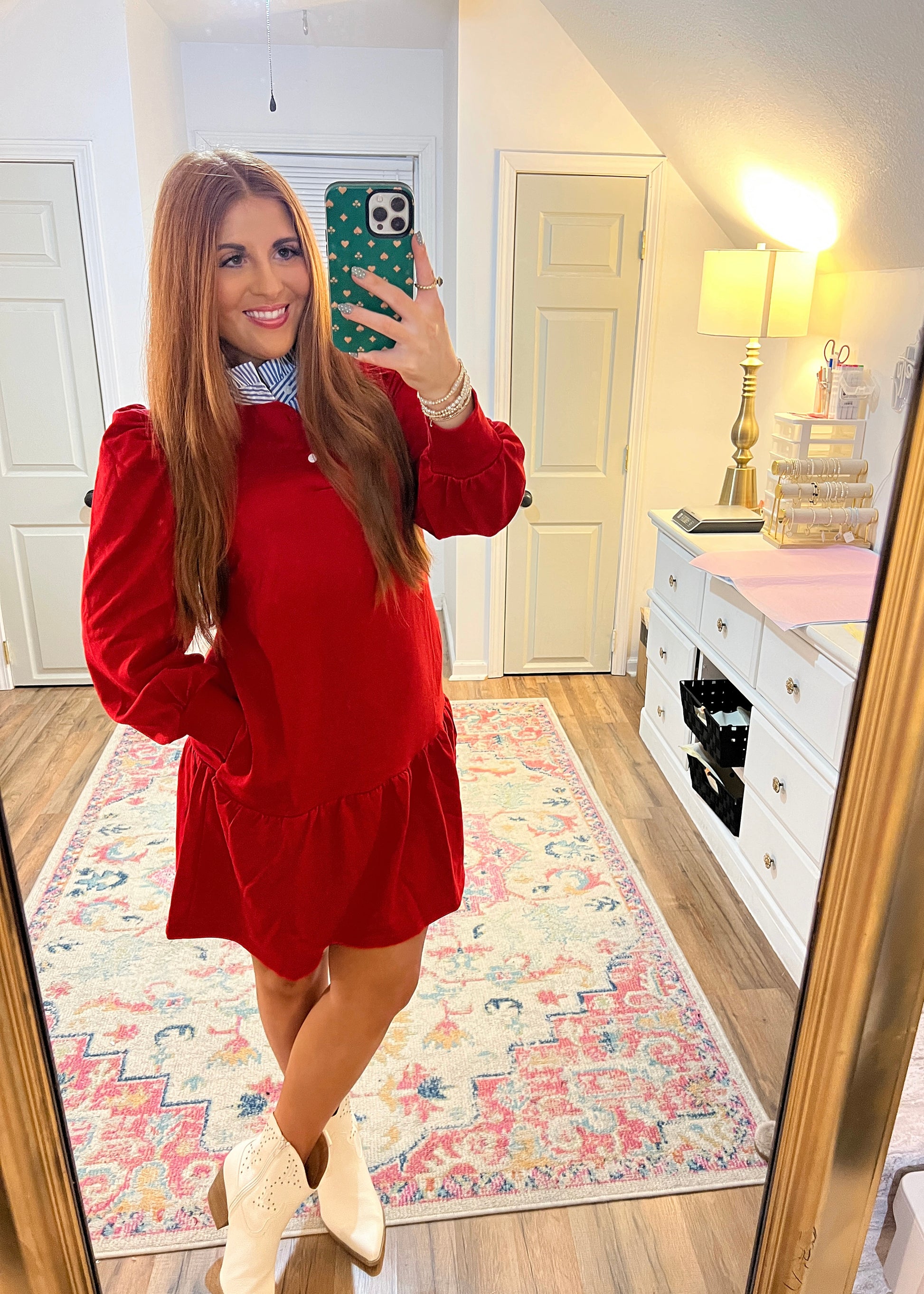 Women’s red ruffle dress featuring a blue and white striped collar