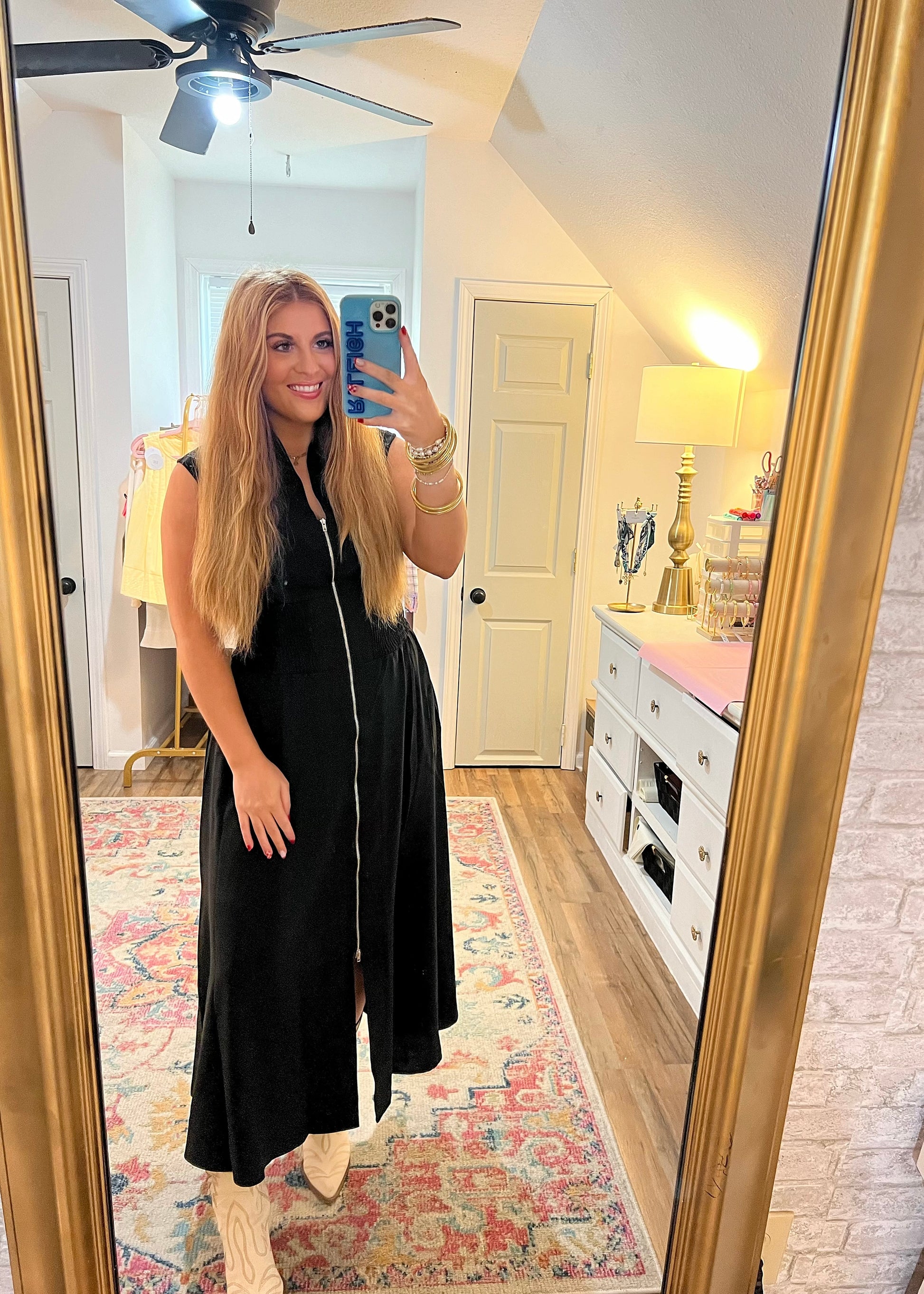 black maxi dress with full front zipper cap sleeve boutique dresses