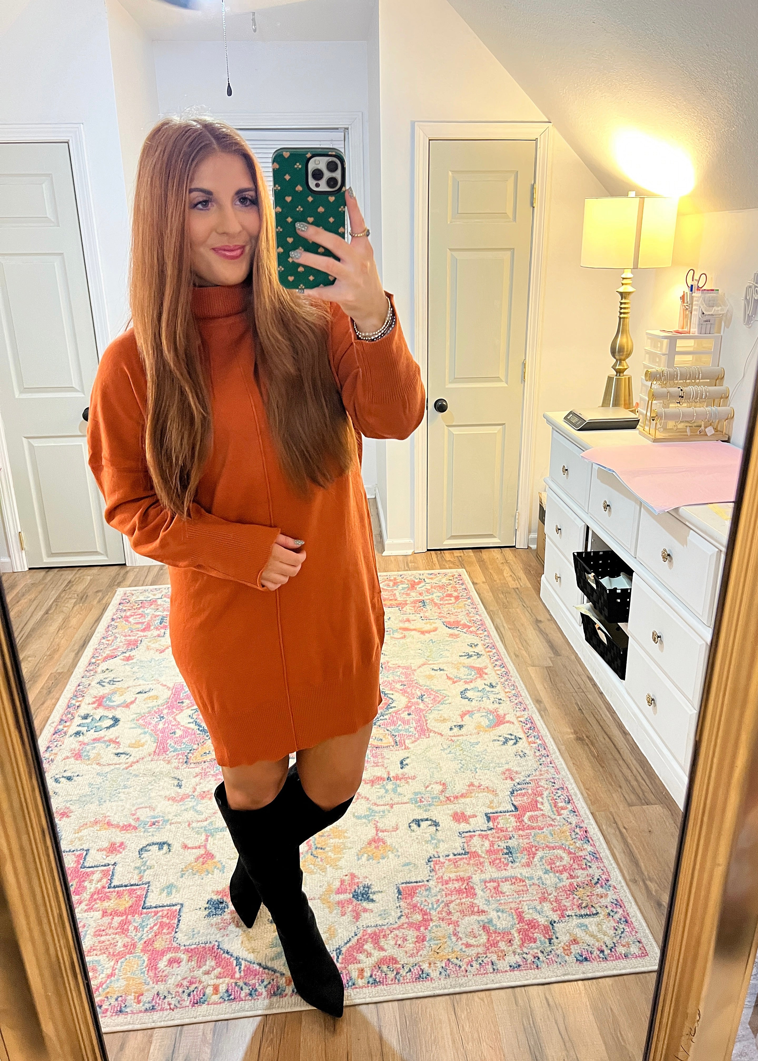 Burnt orange turtleneck sweater dress with long sleeves