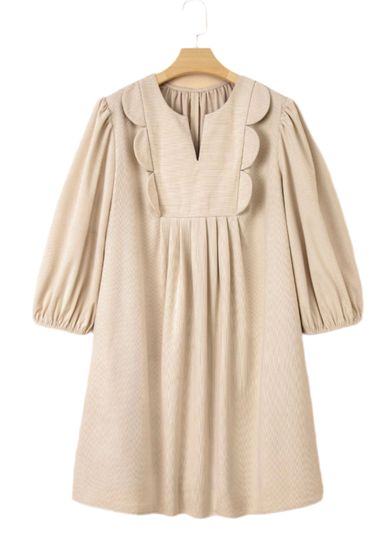 Plus size corduroy dress with scalloped detail in a warm latte color