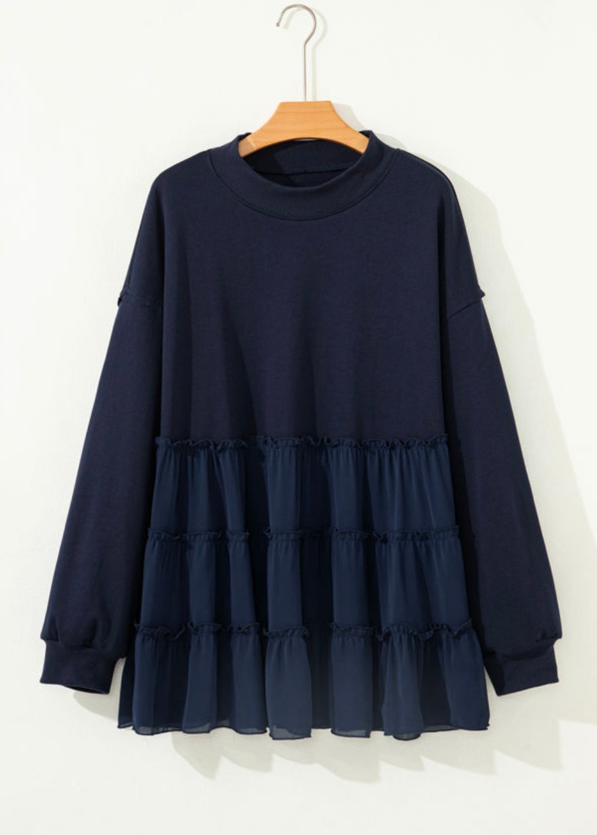 Women’s plus size navy blouse with ruffle details